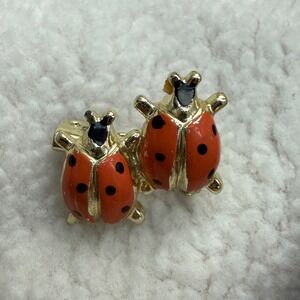 Vintage Double Ladybug Brooch Gold Tone Red Enamel Insect Pin Whimsical Jewelry